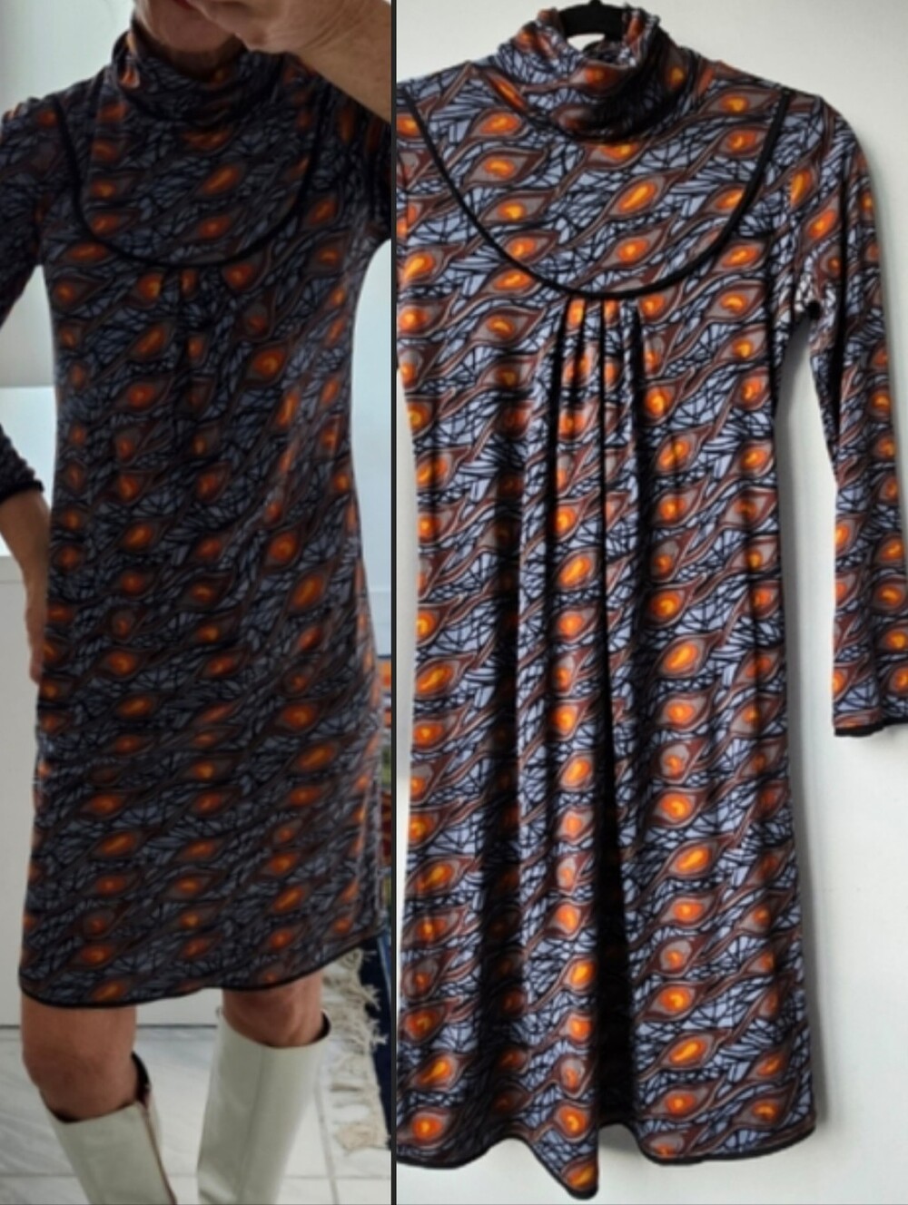 Palamo Picasso 1970's Graphic Peacock Turtleneck Mod Mini Dress